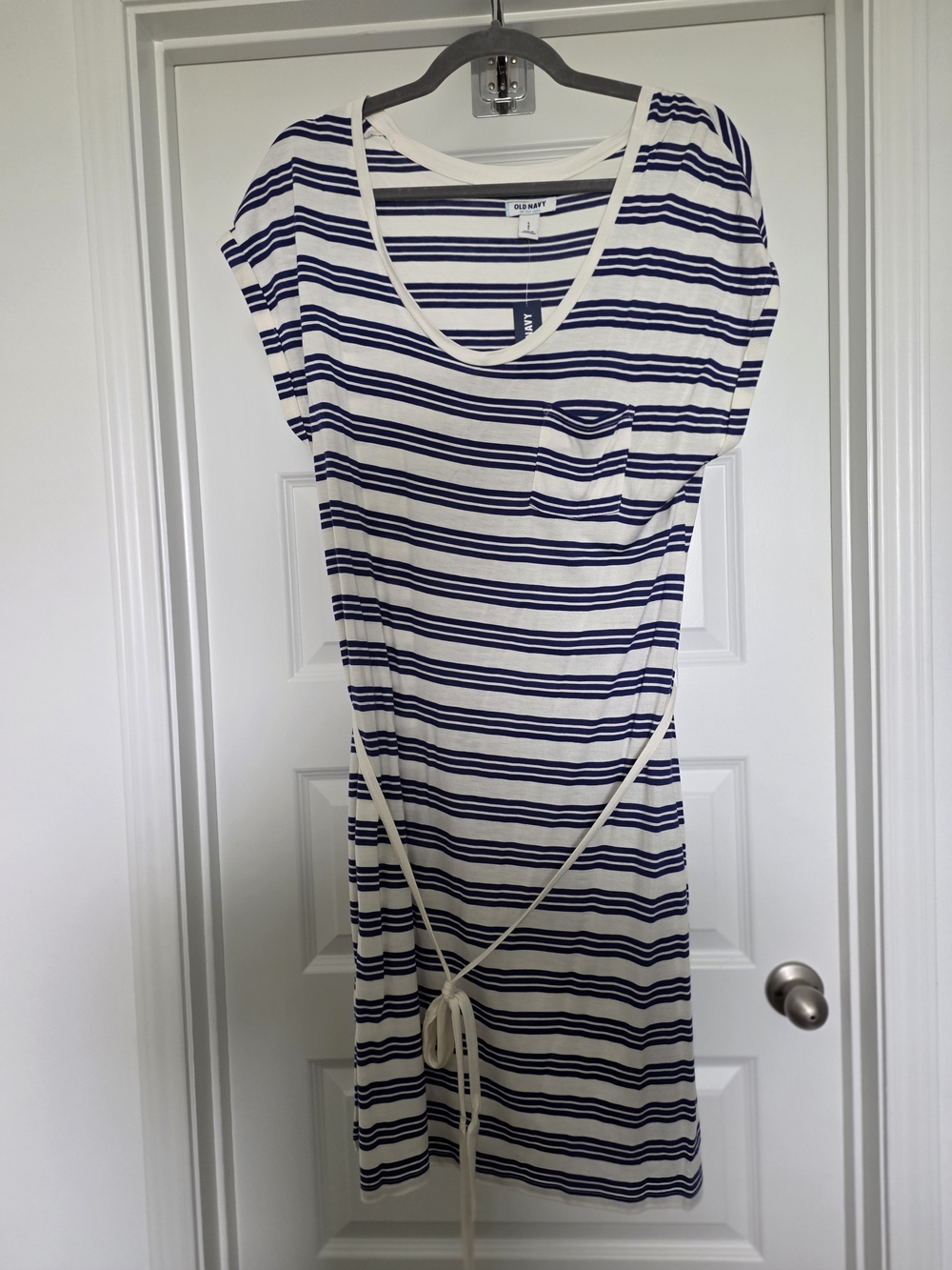 Old Navy White and Navy Striped Tie T-Shirt Dress
